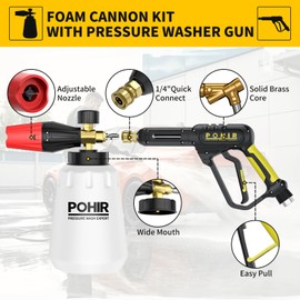 POHIR Pressure Washer Gun with Foam Cannon & 50ft Power Washer Hose, 3600PSI Pressure Washing Kit with 15" Extension Wand & 7 Nozzle Tips, 3/8'' Quick Connector & M22 15mm/14mm Fittings