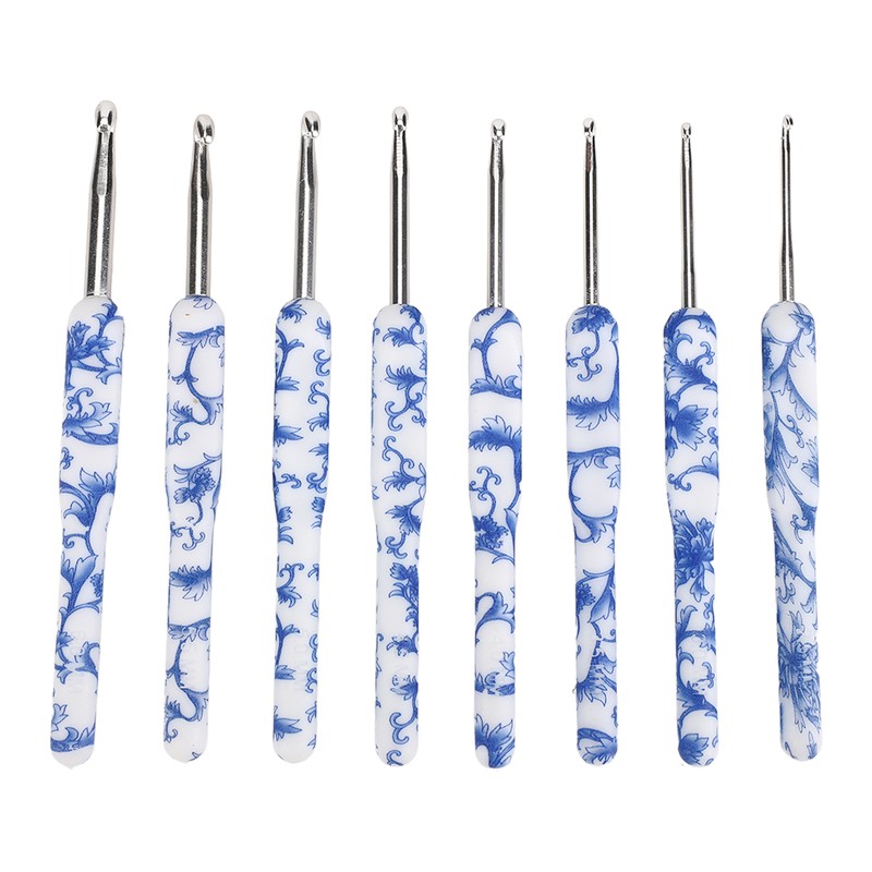 8pcs Crochet Hook Set Blue White Porcelain Printing Hand Polished