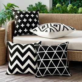 JOTOM Set of 4 Waterproof Cushion Covers 40x40 cm Outdoor Throw Pillow Covers 16x16 Inch Modern Geometric Decorative Pillow Cases for Patio Garden Porch Bench Sofa Indoor Bed (Black)