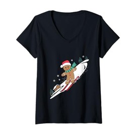 Womens Gingerbread Man Christmas Skiing Down Gifts Winter Xmas Kid V-Neck T-Shirt