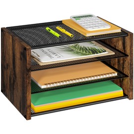 DAOUTIME 3-Tier Paper Organizer Letter Tray, Wooden Desk File Organizer, Stackable Metal Mesh Desk Organizer for A4 Printer Paper Storage. Small Paper Trays for Home Office School, Rustic Brown