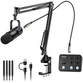 TONOR Podcast Equipment Bundle, Audio Mixer with Dynamic Microphone and Boom Arm Set, XLR Mic with Studio Audio Interface, Desk Mic Arm, All-in-One Pack for Recording, Podcasting, Streaming, POD-1