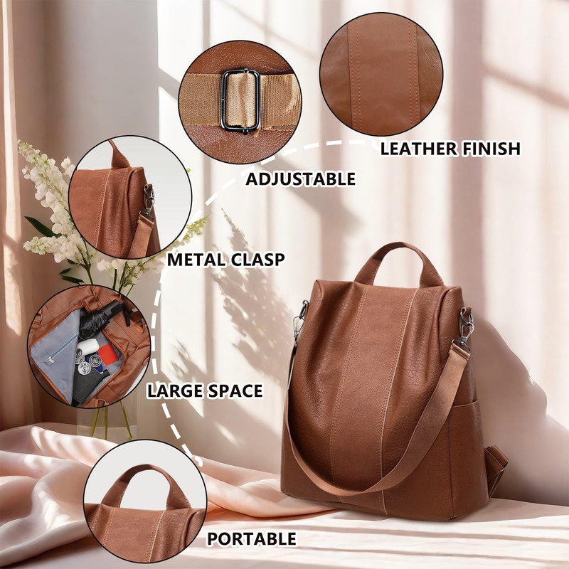 FuninCrea Women's Waterproof Daypack Women's Anti-Theft Backpack Handbags PU Leather