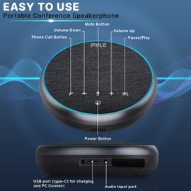 Pyle Portable Conference Speakerphone, Multifunctional Wireless BT Speaker Phone with USB C and Aux Cable, 10m Omnidirectional Microphone Coverage, Ideal for Home and Office Use