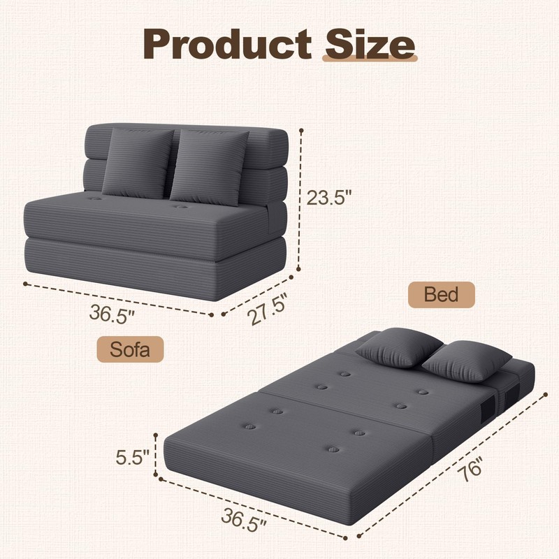 Folding Sofa Bed, One-Piece High-Density Foam Sleeper Chair, Grey, Twin
