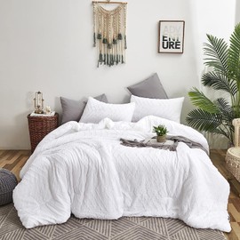 Houseri White Boho Comforter Set Queen Solid White Tufted Bedding Sets Lightweight Aesthetic All White Jacquard Bed Set Queen Size Women Girls Plain White Shabby Chic Farmhouse Bed Quilt Blanket Queen