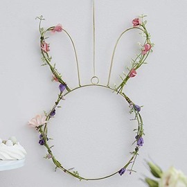 Ginger Ray Easter Bunny Shaped Spring Wreath with Foliage & Pastel Flowers 32cm, Gold
