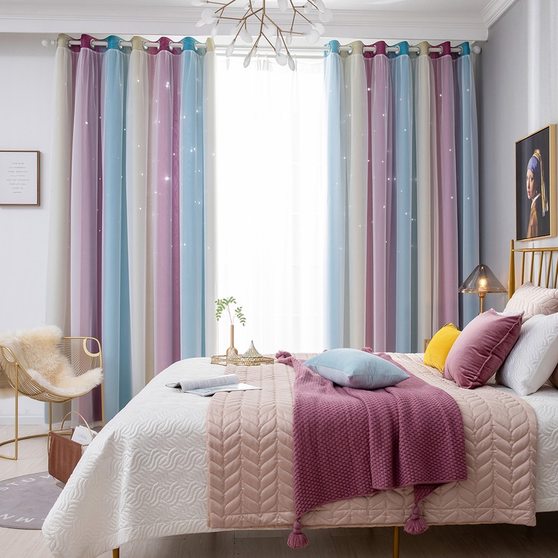 1pc Curtain Simple Gradient Hollow-out Star Pattern Double Layer Blackout