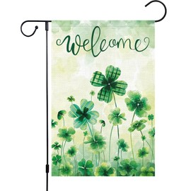 Welcome Spring St. Patrick's Day Garden Flag 12x18 Double Sided Vertical, Burlap Small Mini Lucky Shamrock Clover Yard Flag Banner Happy Saint Patrick's Sign for Home Outside Outdoor Decor (ONLY FLAG)