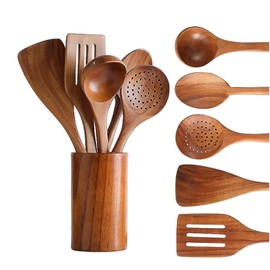 KEJJRIUTN 6 PCS Kitchen Utensils Set, Wooden Cooking Utensils, Wooden Spoons for Cooking, with Utensils Holder Comfort Grip Wooden Kitchen Utensils for Nonstick Cookware