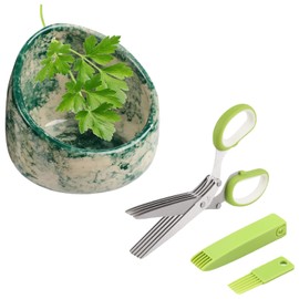 Pottery Herb Stripper Bowl Set – 2 Piece, Including 5-Blade Stainless Steel Herb Cutter Scissors, Herb Stripping Tool & Handmade Pottery Herb Stripper Bowl, For Stripping Leaves and Rhizomes (Green)