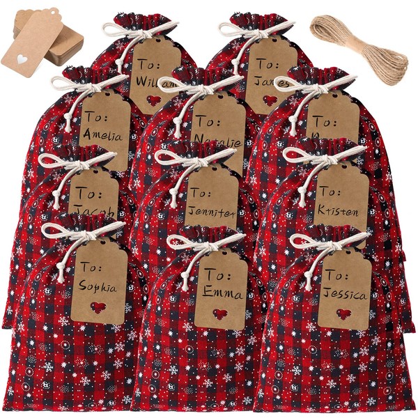 24 Pcs Christmas Drawstring Bags Xmas Buffalo Plaid Burlap Candy Bags Linen Treat Bags with 3.28 ft Rope 24 Card (Black Red Snowflake, 10 x 8 Inches)