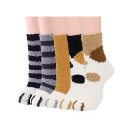 Century Star Fuzzy Socks for Women Slipper Fluffy Microfiber Socks Casual Home Winter Warm Sleeping Cozy Crew Sock, 5 Pairs Cute Cat, One Size