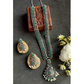 Efulgenz Indian Oxidized Jewelry Indian Jewelry Sets for Women Peacock Floral Antique Boho Green Crystal Stone Necklace Sets with Faux Pearl Drop Dangle Earrings Choker Necklace Earrings Set Bohemian Jewelry Set for Women