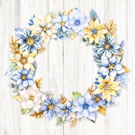 Katy Sue Winter Blooms Die Cut Flowers & Leaves Pack. 12 Sheets of Pre-Cut Double-Sided Paper Flowers & Leaves in Blues & Golds for Card Making Supplies