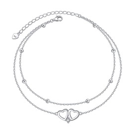 HOOHWE Heart Anklets for Women 925 Sterling Silver Double Layered Ankle Bracelet Adjustable Beads Foot Chain Summer Beach Jewelry Birthday Gifts for Teen Girls