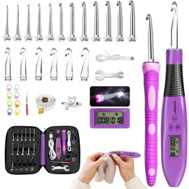 Crochet Hook Set with Stitch Counter, Crochet Kit with 18 Different Size Interchangeable Crochet Needle, Ergonomic with 2 Levels Led and Digital Stitch Counter for Crocheting and Knitting