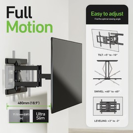 Heavy Duty Dual Arm Articulating TV Wall Mount Bracket for ROKU Pro Series Mini-LED QLED 4K Smart RokuTV 75R8B5 75 Inch TV - Tilt & Swivel with Reduced Glare