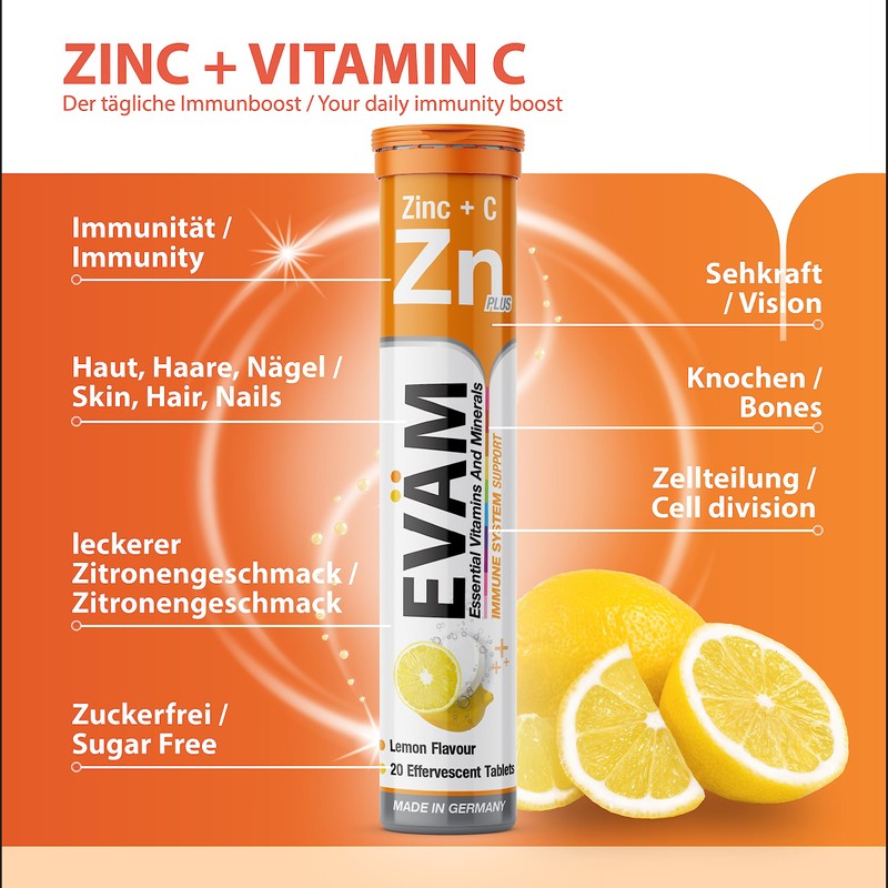 EVÄM Zinc Plus Vitamin C Effervescent Tablets, Lemon Flavour, 3