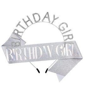 ccHuDE Birthday Girl Tiara and Sash Kit Rhinestone Birthday Crown Birthday Queen Glitter Sash Birthday Girl Headband Birthday Tiara for Women Girls Silver
