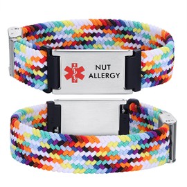 AOAMID Comfortable Medical Alert Bracelets for Men Women kids Adjustable Elastic medical id Bracelets (Rainbow,NUT Allergy)