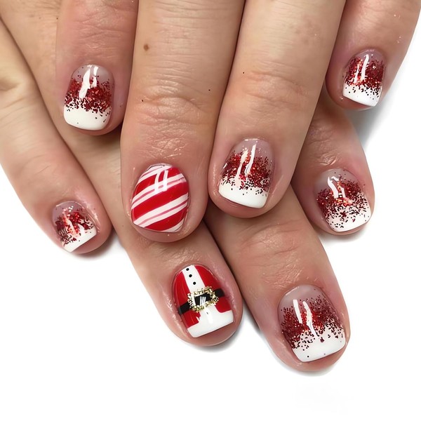 Red Christmas Press on Nails Square, LPOONNDU Glossy Red Glitter