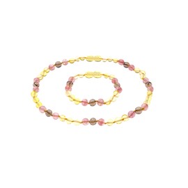 AmberSky Genuine Amber Necklace & Bracelet From Baltic Sea Made With Polished Lemon Cherry & Smoky Quartz 34 cm (13.4 & 5.9 Inches), Yellow