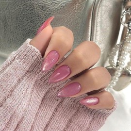 Pink Cat Eye Press on Nails Almond Shaped SXVME Glitter Glue on Nails Short Acrylic Fake Nails, Handmade Sparkling Medium Almond Nails Press ons, Bling Shiny False Nails for Women 30Pcs