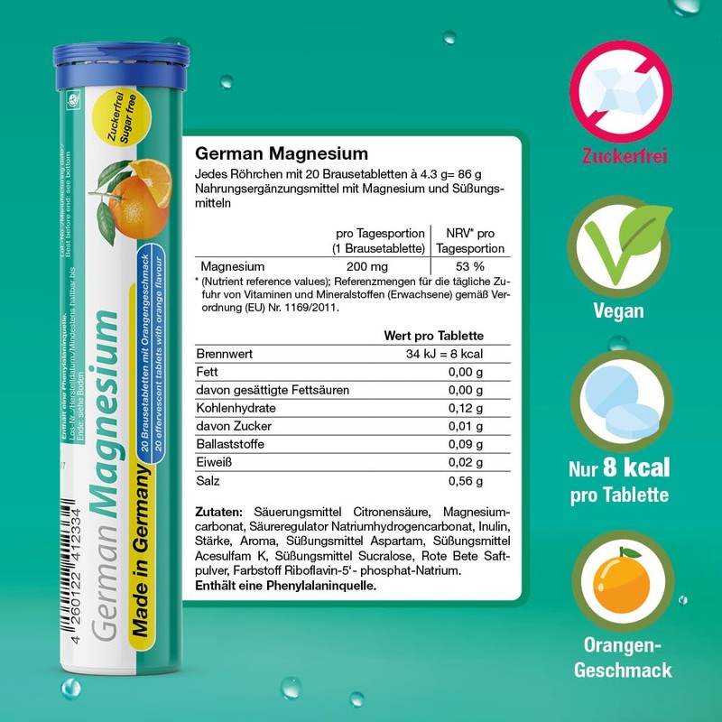 German Magnesium Effervescent Tablets Pack of 140 Orange Flavour -