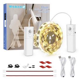 WOBANE Dual Motion Sensor Light Strip, Rechargeable 16.4ft LED Strip Light, 150 LEDs Tape Light for Stairs,Under Cabinet,Closet,Shelves,Gun Safe Light, Hallway,Cuttable,Flexible,6000K White