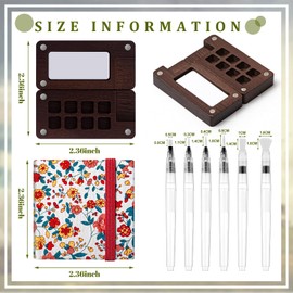 Qilery Mini Portable Watercolor Palette Set Wooden Grid Paint Box Watercolor Paper Sketch Book Brush Pens with Binder Clips for Painters Artists Students Not Include Paint(Red Flowers)