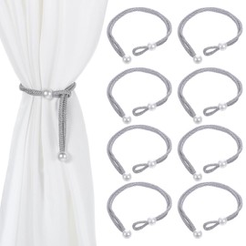 Classicseali 8pcs Grey Tie Backs for Curtains, Adjustable Tie Backs for Curtains, Silver Curtain Tie Backs with Pearl Curtain Rope Buckle Cord Holders for Home Hotel Office Window Drapery