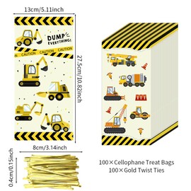 Construction Cellophane Bags, 100 Pieces Construction Digger Excavator Bulldozer Truck Theme Plastic Goodie Favor Bags, Cellophane Treat Bags with Golden Twist Ties for Kids Boys Party Supplies