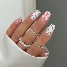 Flower Press on Nails Medium Square Fake Nails Pink Bow Designs Nails Cute False Nails Stick on Nails for Women Girls Manicure Decorations (Style-7, 24 Pcs)