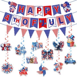 4th of July Decorations, Patriotic Happy 4th of July Banner and Hanging Swirl Decorations, Red White and Blue Independence Day Party Supplies for BBQ, Backyard, Porch, Home, Office, Classroom