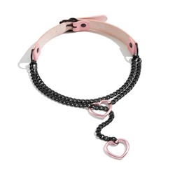 KOFISNI Leather Choker Slip Chain Necklace Stainless Steel Cuban Link Long Necklaces Gothic Punk Heart Chain Necklace Handmade Collars for Women (Pink+Black)