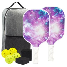 Pickle Ball Rackets 2 Pack, Purple Rackets Paddle with 4 Pickleballs 2 Star Sky Paddle Erasers and 1 Pickball Bag Lightweight Men Women Indoor Outdoor Pickleball Games