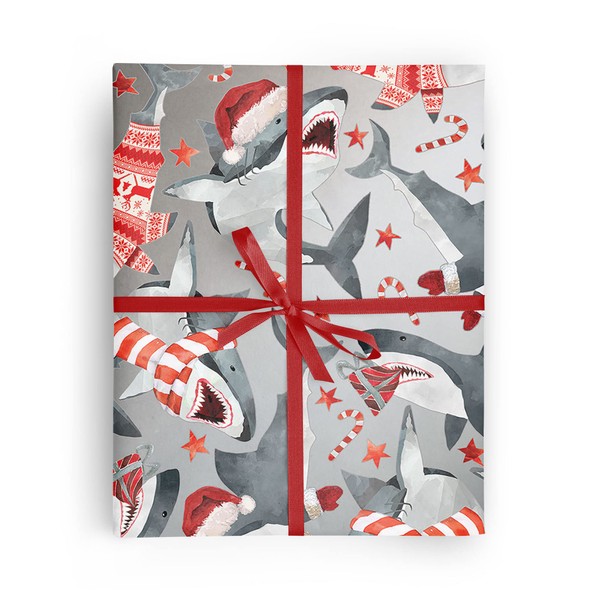 REVEL & Co Christmas Sharks FOLDED Wrapping Paper, Festive Great White Sharks with Santa Hats, 10 Feet Long Folded Boy's Christmas Giftwrap