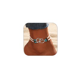 Elastic Beaded Ankle Bracelet for Women Double Hollow Hearts Stretch Anklet Double Layered Beaded Anklet (White)