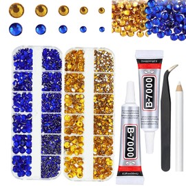 Gold and Navy Blue Rhinestones with Glue(S8-S30) for Bedazzling,2mm-6mm Non-Hotfix Flatback Nail Gems Beads with B7000, Dark Blue Resin Nail GemsStones Diamond Kit for Bedazzle Crafting, Nails DIY Art