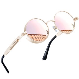 Joopin Retro Round Steampunk Sunglasses for Women Polarized UV Protection Metal Frame Vintage Circle Womens Sunglasses (Mirrored Pink Lens)