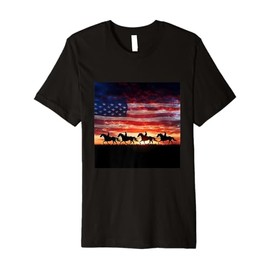 Silhouette of Horseback Riders with American Flag Sunset Premium T-Shirt