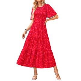 KIRUNDO Dresses for Women 2025 Casual Summer Spring Flutter Short Sleeve Floral Midi Cute Crew Neck Smocked Tiered A Line Flowy Beach Wedding Party Dress(Small, Red)