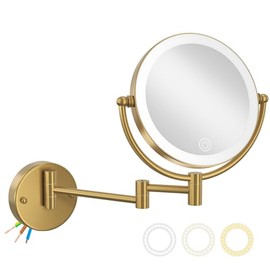 Espejo de maquillaje de baño cableado para montaje en pared, dorado, espejo de maquillaje de doble cara con aumento de 1/10X, con luces, 3 colores y brillo ajustable, espejo de afeitar con
