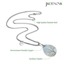 JADENOVA Synthetic Opal Necklace Healing Crystal Necklaces for Women Tree of Family Pendant Family Tree Wire Wrapped Jewelry Energy Healing Teardrop pendant (24 Inches Stainless Steel Chain)