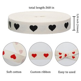 Valentine's Day Heart Cotton Ribbon, 5/8 Inch x 10 Yard, Natural Ribbon for Gift Wrapping, Bow Making, Home Decor, and Floral Arrangements