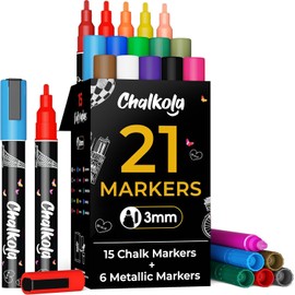 Chalkola Fine Tip Chalk Markers for Blackboard & Glass Marker (Pack of 21, 3mm Reversible Tip) | Washable Window Markers, Liquid Chalk Pens for Calendar, Mirror, Car | Chalkboard Pen Erasable