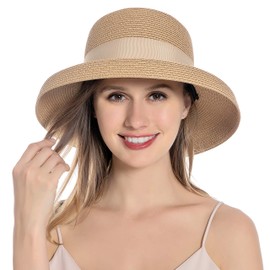 Muryobao Womens Sun Straw Hat Summer UV Protection Travel Foldable Brim Bucket Hat Vintage Cloche Beach Fishing Cap, Khaki, One Size