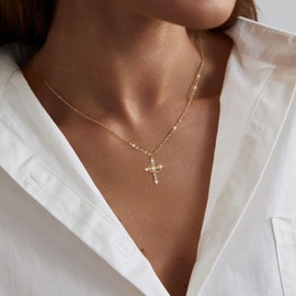 Aidenn Gold Cross Necklace with Crown for Women Cute 14k Gold Plated Crown Cross Pendant Necklaces Simple Diamond Gold Necklaces Faith Cross Jewelry First Communion Jewellery