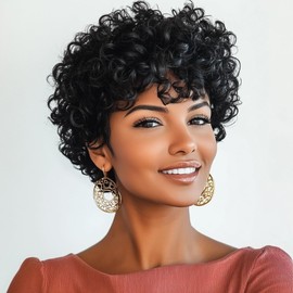 Short Curly Wigs For Black Women Natural Black Afro Kinky Curly Wig Brazilian Virgin Pixie Cut Wig Afro Wigs 70's 80s For Women (Natural black)